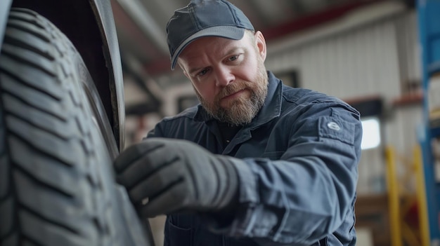 Photo mechanic examining a tire in a garage