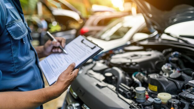 Photo mechanic filling out a car inspection form