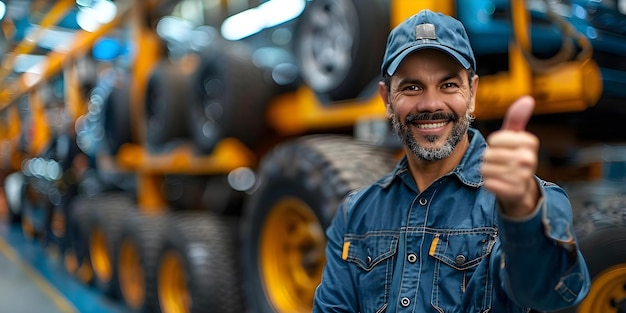 Mechanic giving a thumbs up next to a car tire in an auto repair shop Concept Auto Repair Thumbs Up Mechanic Car Tire Automotive Industry