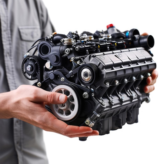 A mechanic holds a powerful car engine in his hands