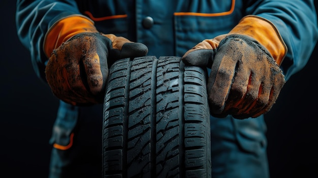 A mechanic holds a worn tire showcasing its tread for inspection or replacement