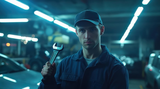 Photo a mechanic holds a wrench in a dimly lit garage while preparing for repairs at night