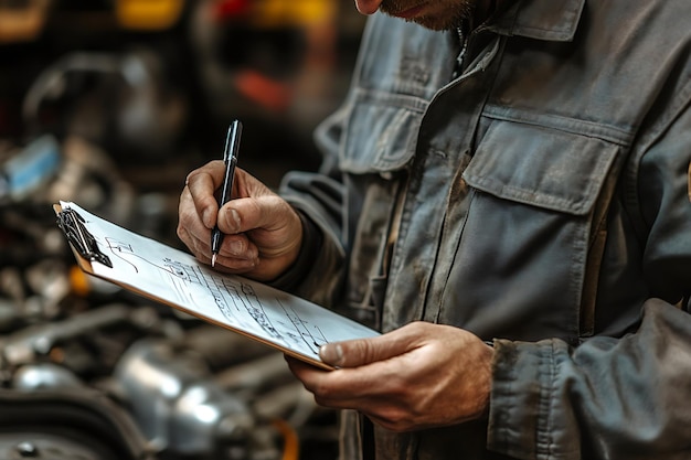 Photo mechanic inspecting car engine with clipboard