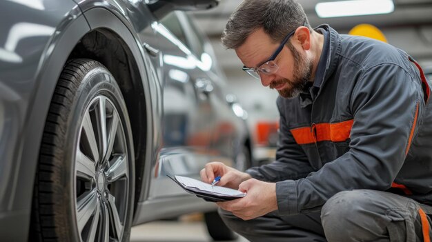 Photo mechanic inspecting a car and filling out a form