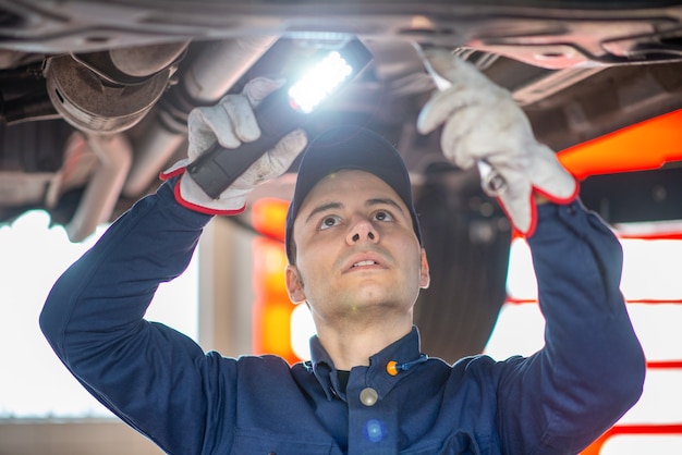 Mechanic inspecting a car