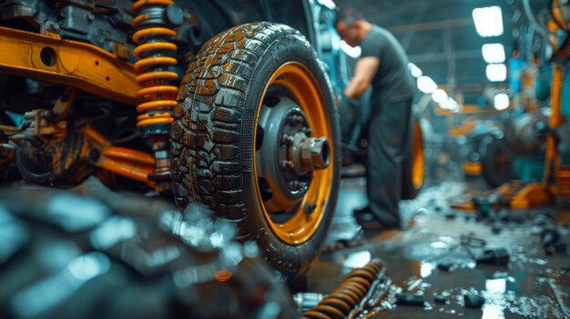 A mechanic inspecting the suspension and steering components of a vehicle ensuring proper alignment and handling characteristics