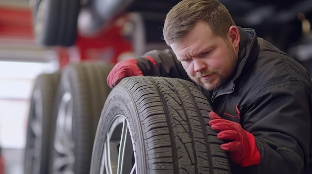 Mechanic Inspecting a Tire in a Garage