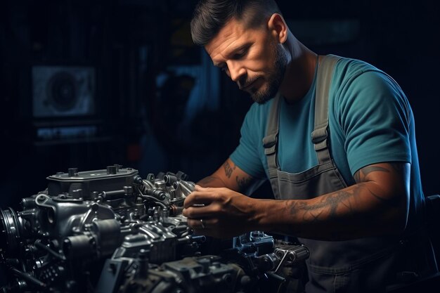 Mechanic inspecting truck engine isolated on a gradient background