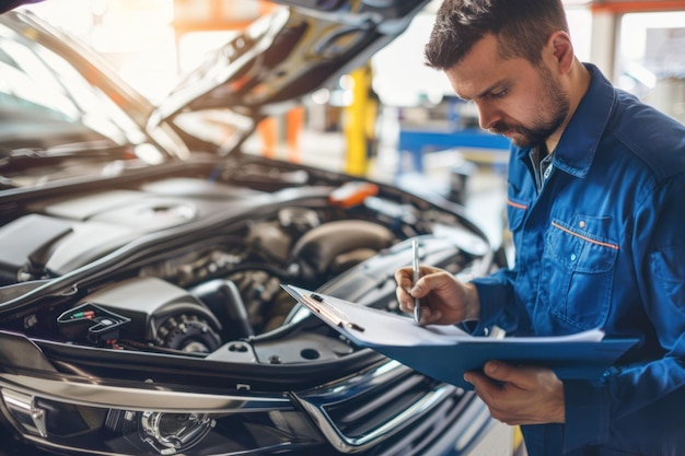 A mechanic inspects a car engine with its hood open while holding a clipboard and making notes