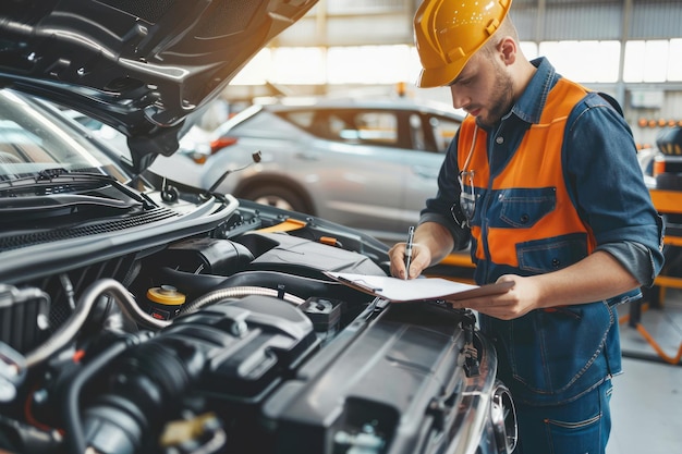 A mechanic inspects a car engine with its hood open while holding a clipboard and making notes