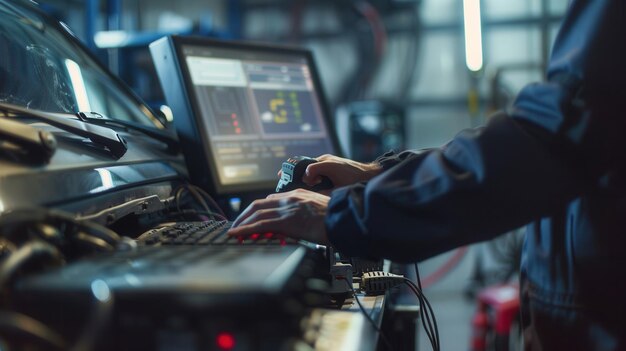 Photo a mechanic is conducting a computer diagnosis on a vehicle while working on engine repairs at an auto shop generative ai