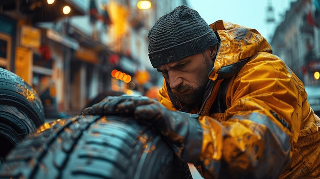 A mechanic lifts a car in a busy urban workshop during a rainy afternoon