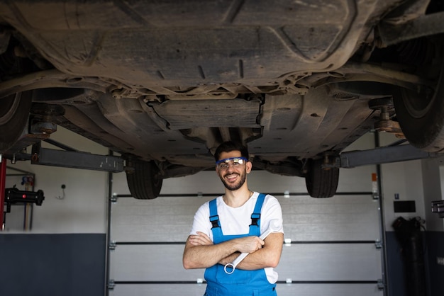 Mechanic man standing in front of the garage joyful young bearded man motor mechanic in overalls