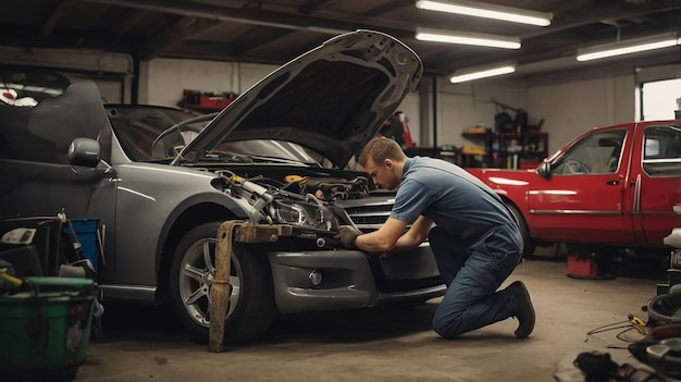 Photo mechanic in overalls repairing a car in a garage surrounded by tools and automotive equipment