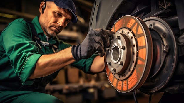 Mechanic performing a break inspection photo realistic