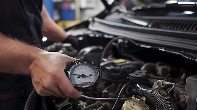 Photo mechanic performing oil pressure test on engine for vital diagnostics and maintenance