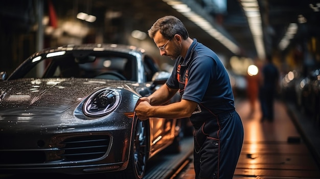 Mechanic polishing a sports car in workshop