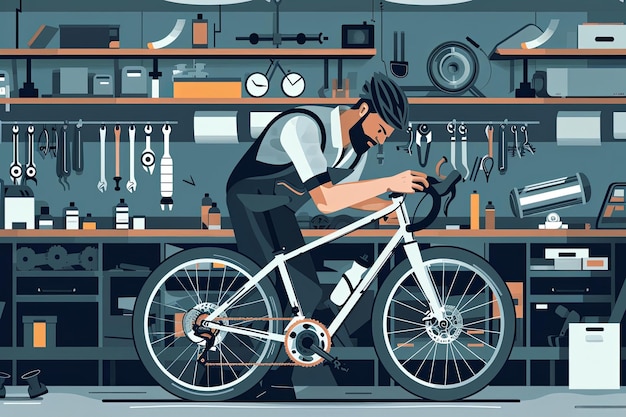 Mechanic repairing bicycle bicycle workshop modern premises illustration