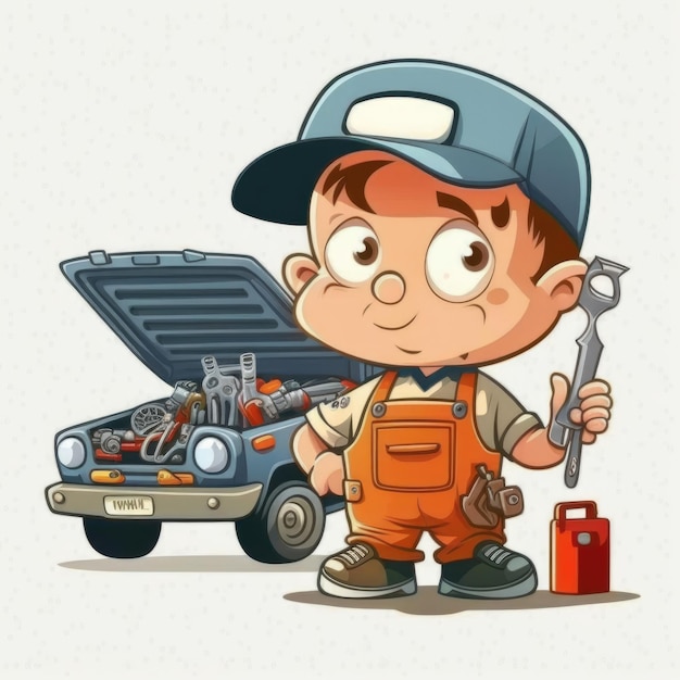 Mechanic repairing car cartoon character holding a repair tool car service vector illustration Made by AIArtificial intelligence