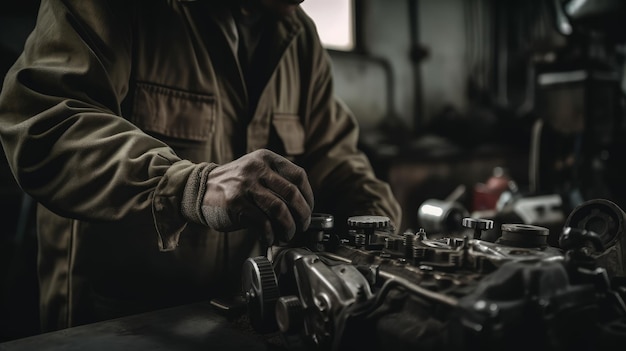 Mechanic repairing a car engine in a workshop Selective focus Generative AI