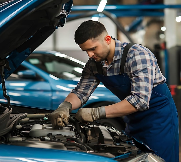 Mechanic repairing car engine