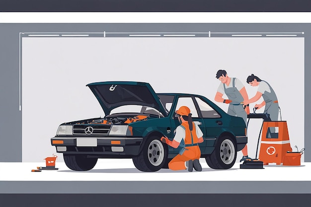 Photo mechanic repairing car in isolated flat illustration