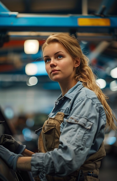 Mechanic repairing a vehicle in a workshop while positioned under a hydraulic lift