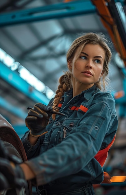 Mechanic repairing a vehicle in a workshop while positioned under a hydraulic lift