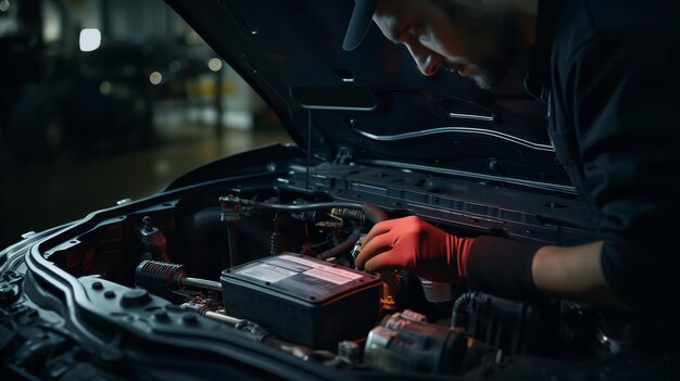 Mechanic's hands working in electric vehicles. Generative Ai.