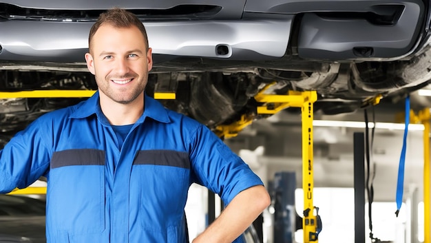 A mechanic stands in front of a car that says'car repair'on it