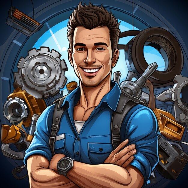 Mechanic surrounded by parts vibrant vector icon style bold lines modern line icon