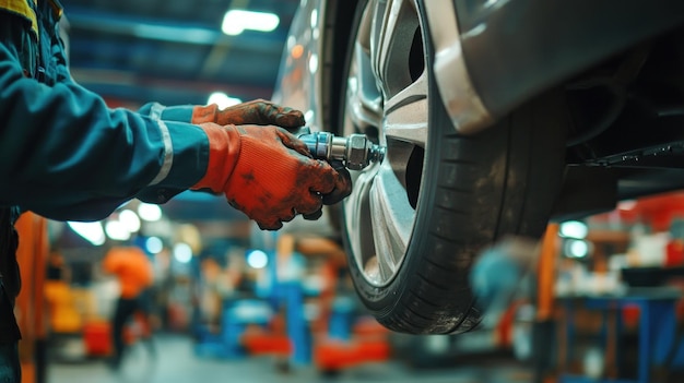 Mechanic Tightening a Lug Nut on a Car Tire