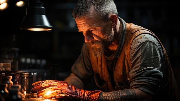 A mechanic trying to fix the engine with his greasy hands