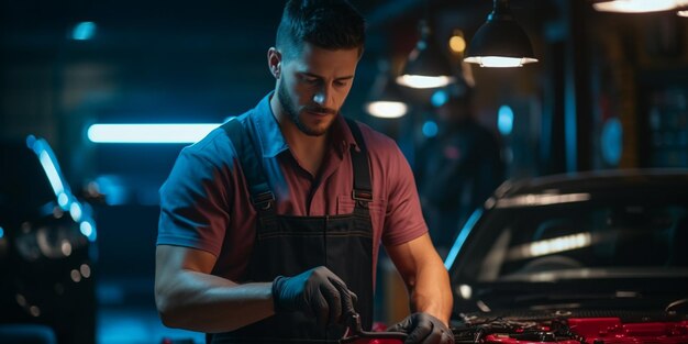 a mechanic in uniform makes an oil change in an auto