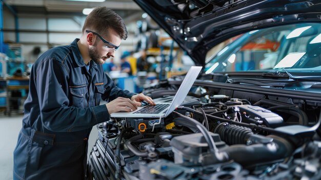 a mechanic with a laptop on a car engine conducts computer diagnostics of a car in a car service