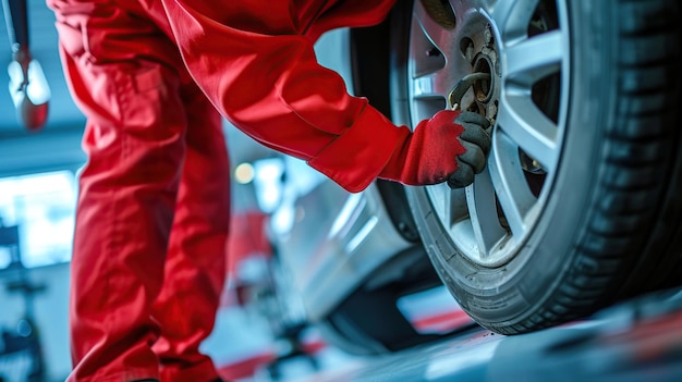 Photo mechanic at work on car wheel in vivid detail