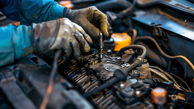 Mechanic working on car engine in automotive shop