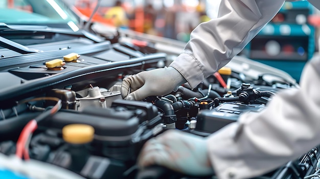 Mechanic working on car engine in garage under the hood