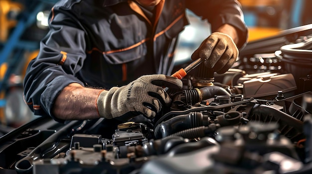 mechanic working on car engine with gloves and tools automotive repair shop focus