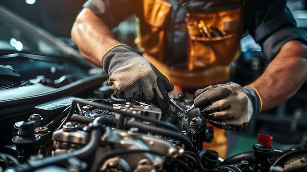 mechanic working on car engine with gloves and tools automotive repair shop focus