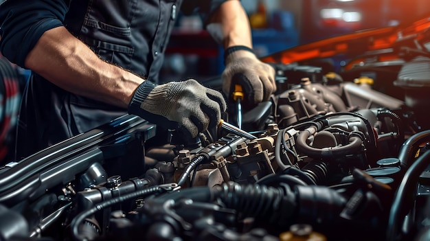 mechanic working on car engine with gloves and tools automotive repair shop focus