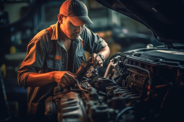 A mechanic working on a car engine