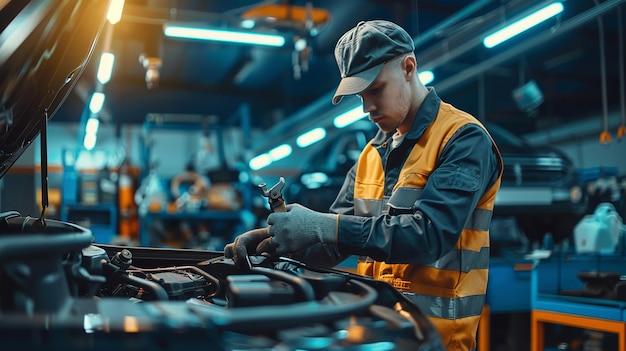 A mechanic working on a car in a factory