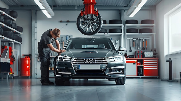 A mechanic working on a car in a factory