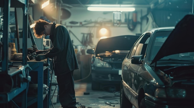 Mechanic Working on Car in Garage