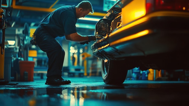 Mechanic Working on a Car Underneath a Neon Glow