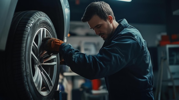 Mechanic Working on a Car Wheel in a Garage