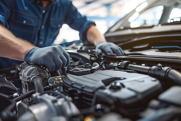 a mechanic working on a car with the hood open