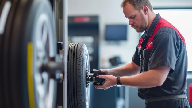 Mechanic Working on a Tire in a Service Shop