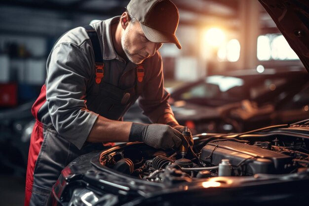 A mechanic in a workshop diagnoses and repairs the engine and car systems Car repair and diagnostics in the garage Modern car service Brutal worker mechanic